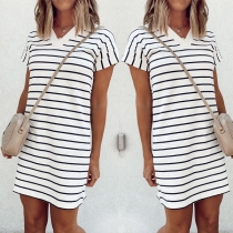Casual Style V-neck Short Sleeves Striped Dress for Daily Wear