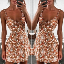 Sexy Backless V-neck High Waist Printed Sling Dress