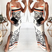 Sexy One-shoulder Slit Hem Slim Fit Printed Maxi Dress