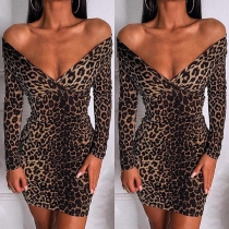 Sexy Deep V-neck Long Sleeve Leopard printed Slim Fit Dress for Party Wear