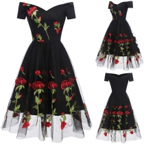 Sexy V-neck Short Sleeve High Waist Embroidery Rose Gauze Spliced Party Dress