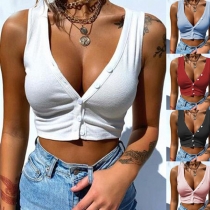 Sexy Deep V-neck Sleeveless Solid Color Crop Top