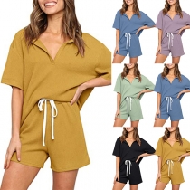 Simple Style Short Sleeve V-neck Solid Color T-shirt + Shorts Home-wear Two-piece Set