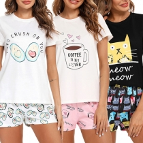 Cute Cartoon Printed Short Sleeve Round Neck T-shirt + Shorts Nightwear Set