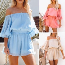 Sexy Off-shoulder Boat Neck Trumpet Sleeve High Waist Solid Color Romper