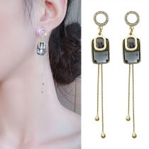 Fashion Rhinestone Inlaid Rectangle & Tassel Pendant Earrings