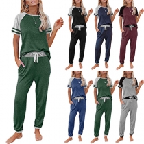 Fashion Contrast Color Short Sleeve T-shirt + Pants Casual Two-piece Set
