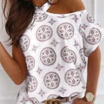 Sexy Off-shoulder Short Sleeve Halter Printed T-shirt