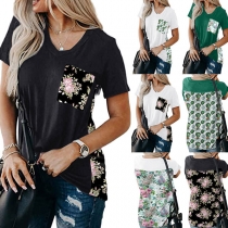 Casual Style Short Sleeve V-neck Printed Spliced T-shirt