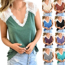 Sexy Lace Spliced V-neck Sleeveless Solid Color Loose T-shirt