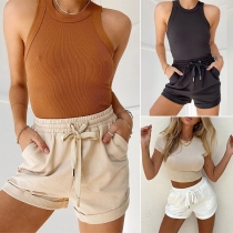 Casual Style Elastic High Waist Solid Color Shorts