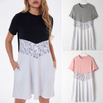 Casual Style Short Sleeve Round Neck Printed Spliced Loose Dress