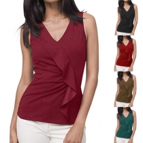 Fashion Solid Color Sleeveless V-neck Slim Fit Ruffle Top