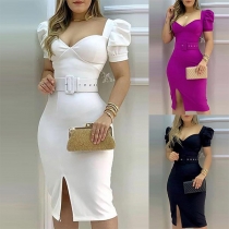 Sexy Square Collar Puff Sleeve Slit Hem Solid Color Slim Fit Party Dress