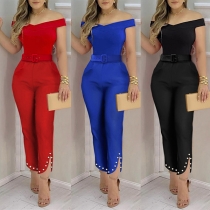 Sexy Boat Neck High Waist Solid Color Slim Fit Jumpsuit