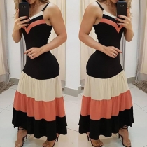 Sexy Backless V-neck High Waist Contrast Color Sling Dress