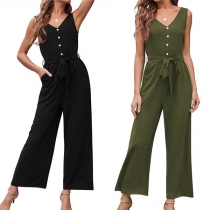Sexy Backless V-neck Lace-up High Waist Solid Color Sleeveless Jumpsuit