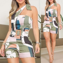 Sexy Lace-up One-shoulder High Waist Slim Fit Printed Romper