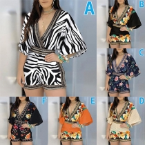 Sexy Deep V-neck 3/4 Trumpet Sleeve High Waist Printed Romper