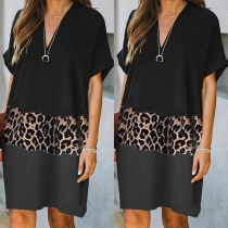 Fashion Short Sleeve V-neck Leopard Printed Spliced Loose Dress