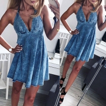 Sexy Backless V-neck High Waist Tie-dye Printed Sling Dress