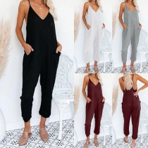 Sexy Backless V-neck Solid Color Loose Sling Jumpsuit