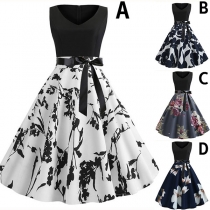 Fashion Sleeveless V-neck High Waist Printed Spliced Hem Dress