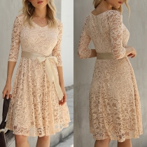 Elegant Solid Color 3/4 Sleeve Round Neck High Waist Lace Dress