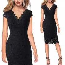 Sexy V-neck Short Sleeve Solid Color Slim Fit Lace Dress