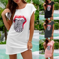 Chic Style Lip Printed Pattern Short Sleeve Round Neck T-shirt Dress
