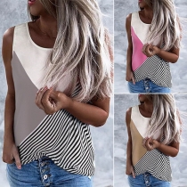 Casual Style Sleeveless Round Neck Contrast Color Stripe T-shirt Top