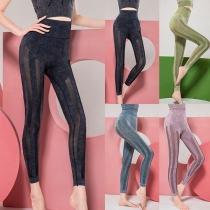 Sports Style High Waist Solid Color Gauze Spliced Stretch Leggings