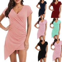 Fashion Solid Color Short Sleeve V-neck Irregular Hem Slim Fit Dress