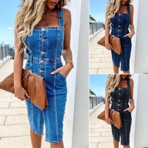 Sexy Backless Single-breasted Slim Fit Sling Denim Dress