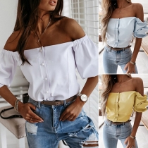 Sexy Off-shoulder Boat Neck Puff Sleeve Solid Color Top