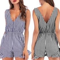Sexy Backless Lace-up V-neck High Waist Plaid Romper