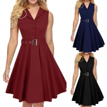 Elegant Solid Color Sleeveless V-neck High Waist Dress