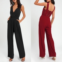 Elegant Solid Color Sleeveless Square Collar High Waist Slim Fit Jumpsuit