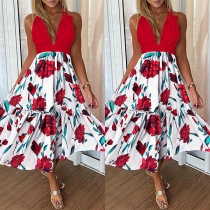 Sexy Backless V-neck High Waist Printed Hem Halter Dress