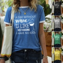 Casual Style Short Sleeve Round Neck Contrast Color Letters Printed Loose T-shirt