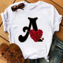 Casual Style Letter A Rose Printed Short Sleeve Round Neck T-shirt