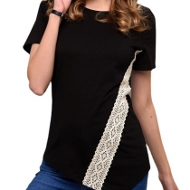 Fashion Short Sleeve Round Neck Irregular Hem Lace Spliced T-shirt