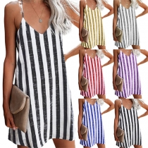 Sexy V-neck Loose Stripe Printed Sling Dress