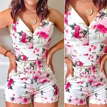 Sexy Backless V-neck Printed Sling Crop Top + High Waist Shorts Two-piece Set