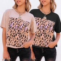Fashion Leopard Printed Spliced Short Sleeve Round Neck Loose Casual T-shirt
