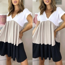 Sexy V-neck Short Sleeve Contrast Color Loose Dress