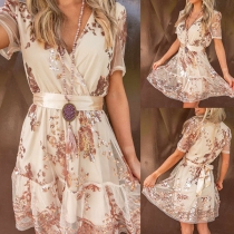 Sexy Gauze Spliced Short Sleeve V-neck High Waist Sequin Party Dress