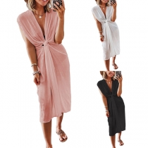 Sexy Deep V-neck Sleeveless Solid Color Knotted Dress