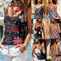 Sexy Backless Round Neck Printed Sling Top