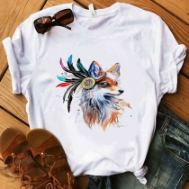Simple Style Wolf Head Printed Pattern Short Sleeve Round Neck Casual T-shirt